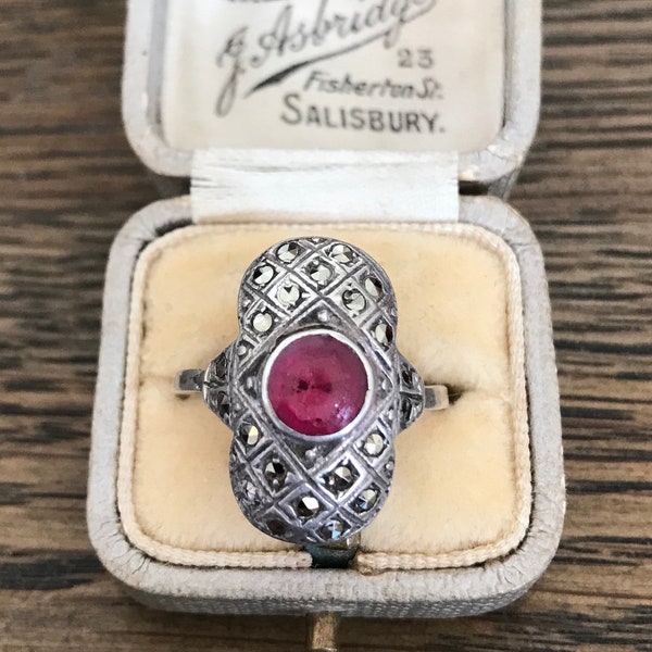 Vintage Art Deco Silver And Marcasite Ring With Pink Glass Centre