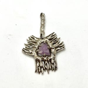 Brutalist Sunburst Pendant Raw Amethyst Druzy Statement Necklace Pendant Vintage Pot Metal Spike Radiant Crystal Jewelry Wearable Art Gift