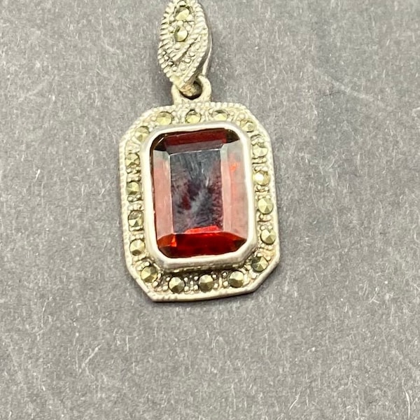 Art Deco Style Vintage Necklace/ Pendant Silver With Marcasite And Red Glass