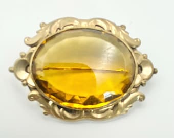 Victorian Antique Citrine Glass Brooch/Pin With Gold Plated Frame