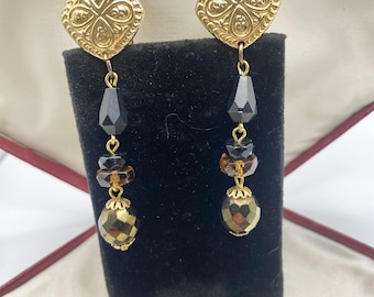 Czech Vintage Long Dangly Clip On Earrings With Czech Glass Beads