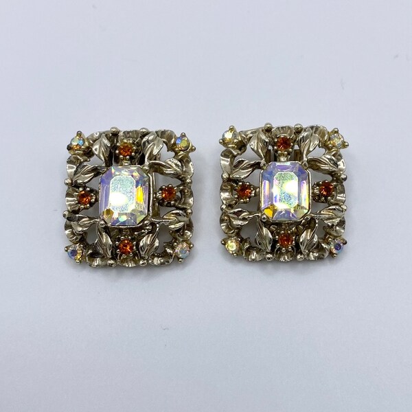 Vintage Earrings Clip On By Coro With AB Rhinestone and Leaves And 1950's Designer Jewelry/ Jewellery