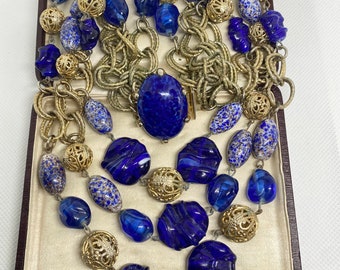 Vintage Czech Blue Lapis Glass And Czech Art Glass 3 Strand Necklace