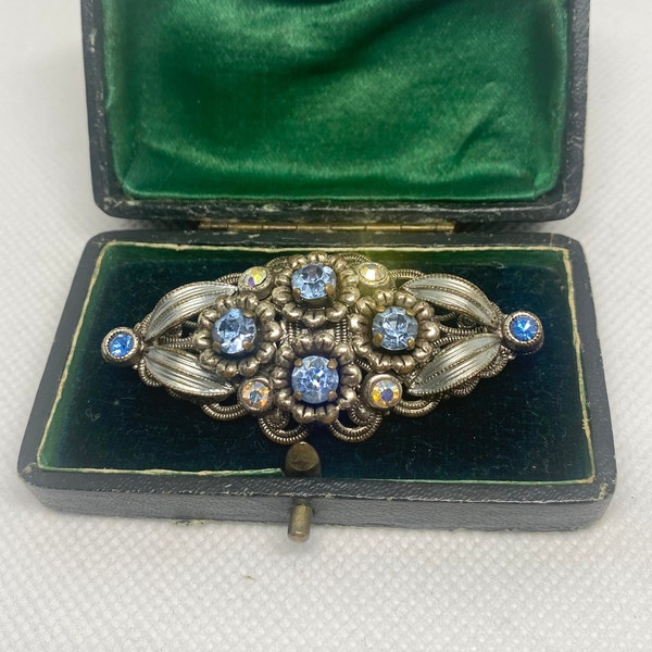 Czech Vintage Brooch With Blue Glass Rhinestones And Enamel