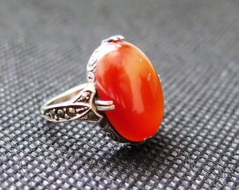 Antique Arts And Crafts Silver, Carnelian And Marcasite Ring Size J / 4.75