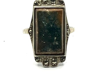 Vintage Art Deco Sterling Silver Marcasite Ring | Green Jasper Stone | Size 8 US / P UK | Antique Ring