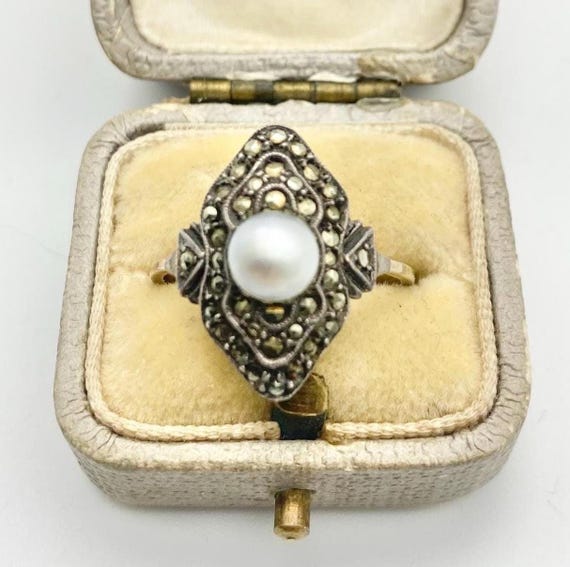 Art Deco Marcasite and Pearl Set in Silver with a 9ct Band Size P