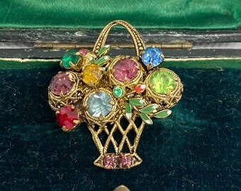 Vintage Czech Harlequin Rhinestones And Enamel Basket Brooch Pin