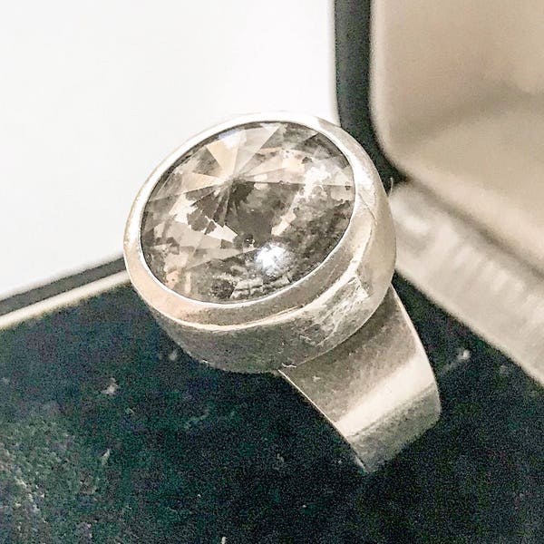 Vintage Modernist Ring With Rock Crystal And Sterling Silver By Feyiz