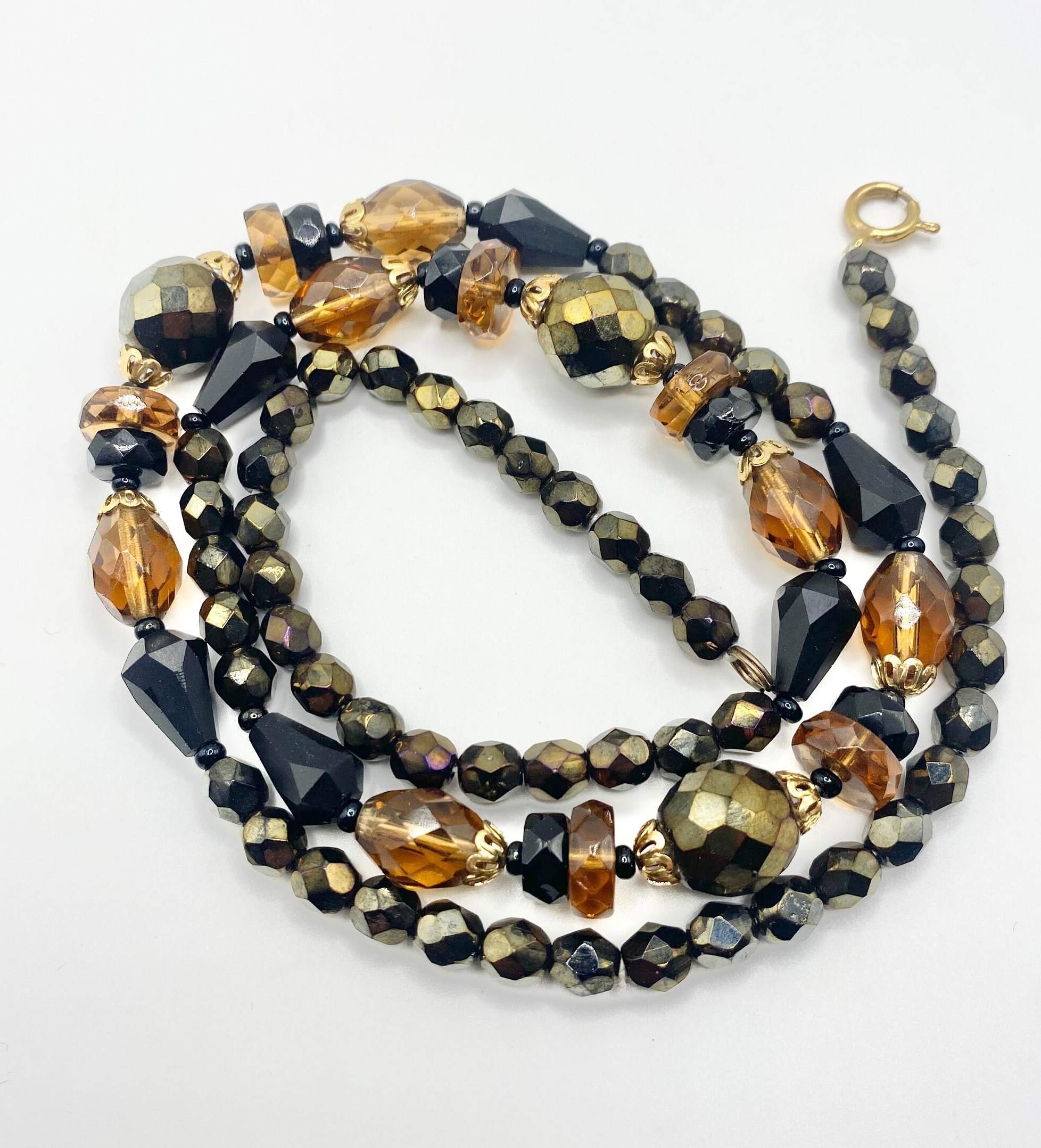 Vintage Czech Glass Necklace With Filigree, Bronze, Topaz And Black Glass Beads