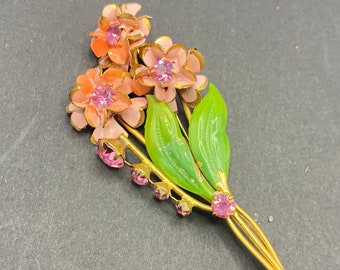 Vintage Pink Flower Bouquet Brooch With Sparkly Rhinestones