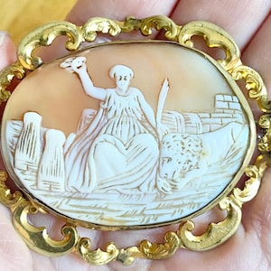 Antique Early Victorian Cameo Brooch/Pin  Showing Cybele With A Lion In a Goldtone Scrollwork Frame