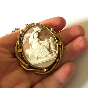 Antique Shell Cameo Brooch | Victorian Gold Filled Frame | Goddess & Cupid Scene | Figural Cameo Pin | Safety Chain | Signed | Collector’s