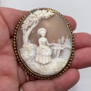 Antique or Older Vintage Shell Cameo Brooch High Relief Showing A Woman Under A Tree High Relief, Very Detailed