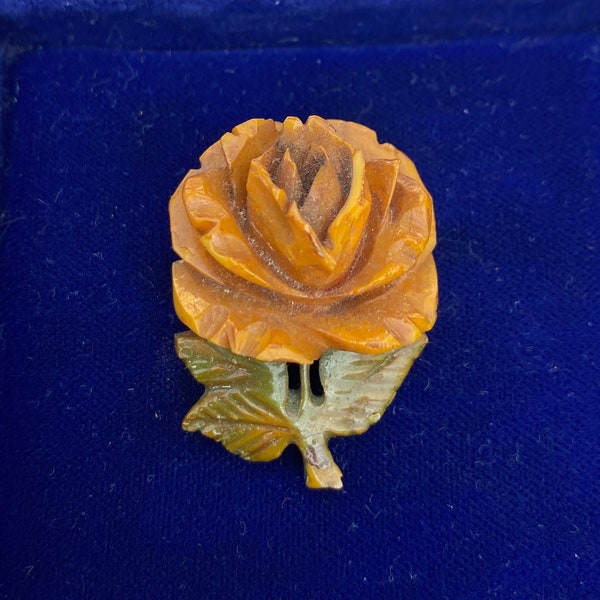 Vintage 1920's Bakelite carved Rose And Leaves Brooch Antique Hinge And C Catch