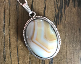 Vintage Agate Pendant, Set in Silver Brown Banded Agate With Sterling Silver Chain