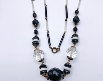 Vintage Art Deco Czech French Jet And Brass Glass Necklace