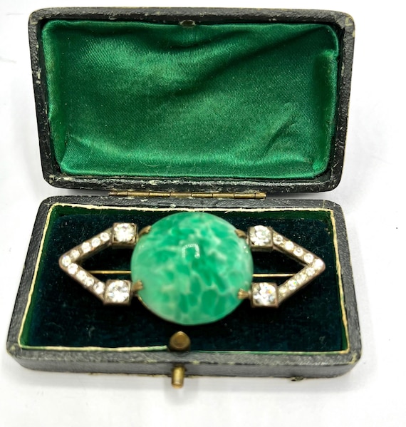 Art Deco Brooch Vintage Green Glass & Rhinestone Pin 1920s 1930s Costume Jewellery Antique Peking Jade Statement Brooch Gift For Her