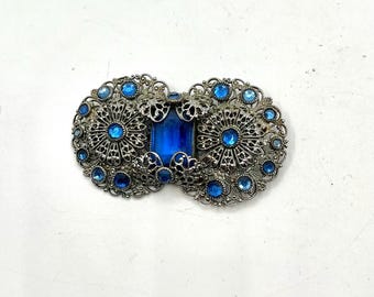 Vintage Czech Silver Filigree Brooch | Art Deco Blue Rhinestone Pin | 1920s 1930s Bohemian Jewellery | Sapphire Blue Crystal