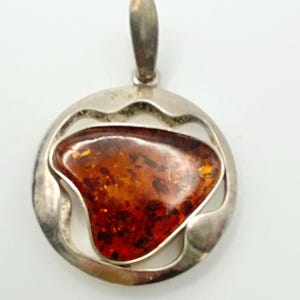 Vintage Sterling Silver And Amber Modernist Pendant