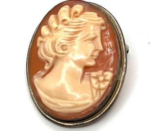 Vintage Shell Cameo Brooch Pin Pendant With 800 Silver Gilt Frame