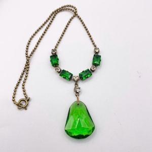 Art Deco Vintage Czech Green Glass Lavelier Necklace With Rhinestone Accents
