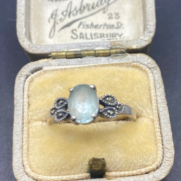 Art Deco Ring With Pale Blue Centre In Sterling Silver With Marcasite Size 0