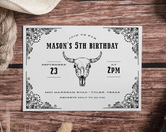 Cowboy / Cowgirl Birthday Invitation, Editable Template, Vintage Western, Skull, Rustic, Rodeo, Wild West, Any Age, 5x7, Instant Download