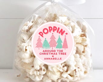 Popcorn Label, Pink Christmas Tree Theme, Handmade Treats, Editable Canva Template, Classroom Gifts, Instant Download