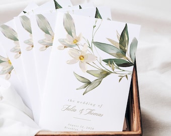 Weiß Gold Floral Greenery Hochzeitsprogramm, bearbeitbare Vorlage, gefaltete Broschüre, katholische Messe, Programm für kirchliche Zeremonien, sofortiger Download