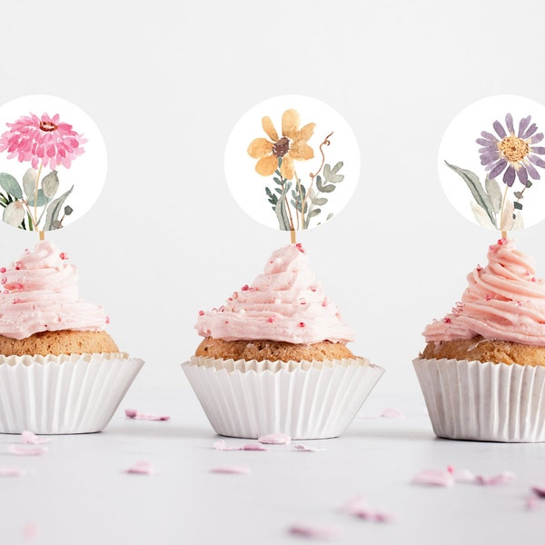 Wildblumen Cupcake Toppers, kleine Wildblumen Dusche oder Geburtstag, sofortiger Download PDF, Cupcake Toppers, Gunst Aufkleber, 5 cm rund