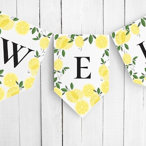 Banner de letras de limón editable, guirnalda de cítricos amarillos imprimible, para despedida de soltera, baby shower, cumpleaños, banderines de 12,7 x 18,7 cm, deletrea cualquier palabra.
