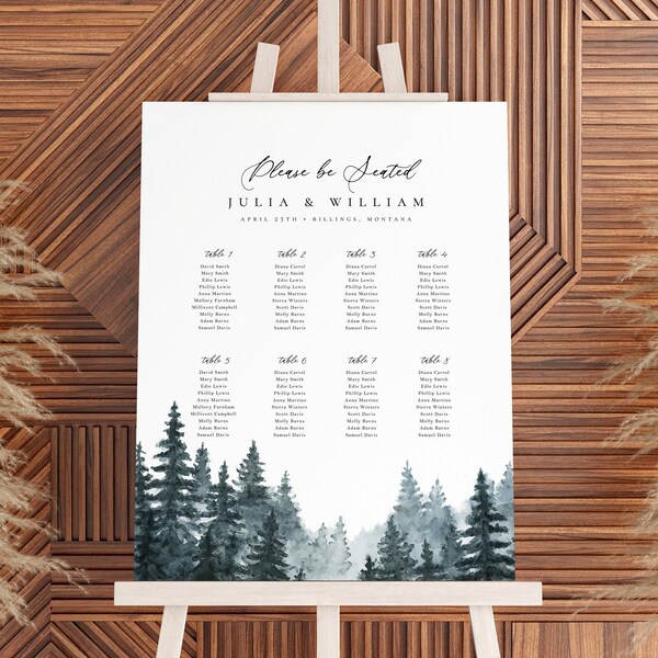 Wedding Seating Chart, Editable Sign Template, Winter Wedding, Woodland Rustic, 16x20, 20x30, 24x36, Instant Download, Templett