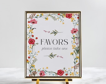 Wildflower Favors Sign, editable template, bridal shower, baby shower, engagement, red, yellow, floral, instant download, 5x7 and 8x10
