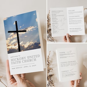 Puede incluir: Una tarjeta blanca con una silueta de cruz negra sobre un fondo de cielo de puesta de sol. El texto dice "Bienvenido a Hickory United Faith Church" y "8 AM Servicio | 12 de abril de 2029".