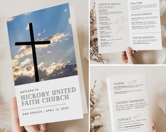 May include: A white card with a black cross silhouette against a sunset sky background. The text reads "Welcome to Hickory United Faith Church" and "8 AM Service | April 12, 2029".