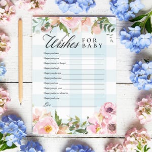Recuerdo de deseos para bebé / Actividad para baby shower / Floral rosa, cuadros azules y género neutro / Tema "Bebé en flor" / Tarjetas imprimibles de 5x7