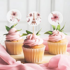 Printable French Cupcake Toppers | Paris Theme | Eiffel Tower & Cherry Blossom | Birthday, Baby, Bridal Shower | 2&quot; Round | Instant Download