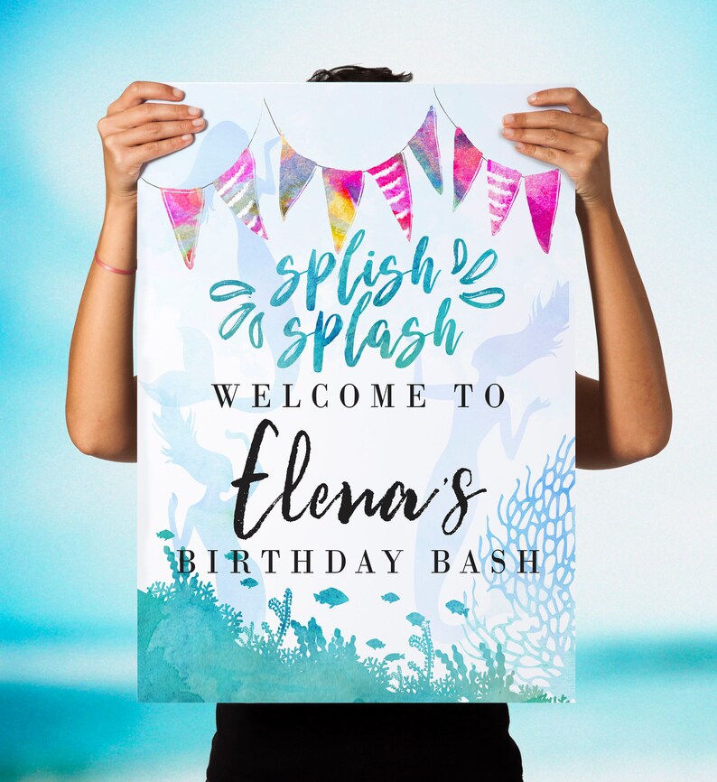 Pool or Beach Event Printable Pool Party Decor Custom Splish Splash Mermaid Welcome Print 16x20 or 20x30 JPG or PDF Print