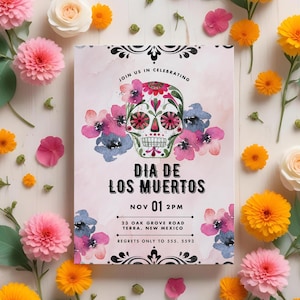Día de los Muertos Invitation, editable template, sugar skull birthday, flowers, pink, Mexico, Canva, instant download, 5x7