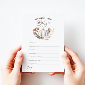 Wensen voor babykaart, aandenken babyshoweractiviteit, witte pompoen, thema Thanksgiving of herfst, 5 x 7 niet-bewerkbare download