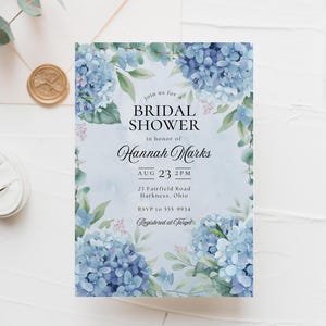 Bridal Shower Invitation, Blue Hydrangea, watercolor floral, romantic, elegant, something blue, garden wedding shower, 5x7, Canva template