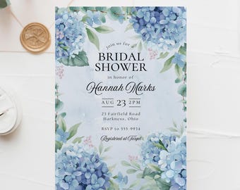 Blue Hydrangea Bridal Shower Invitation: Elegant Watercolor Floral (5x7 Canva Template)