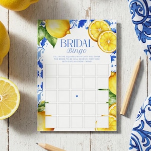 PRINTABLE Bridal Bingo Game, Mediterranean lemon, guest gift bingo, bridal shower game, blue tile, Italy, Amalfi, Capri, download, 5x7