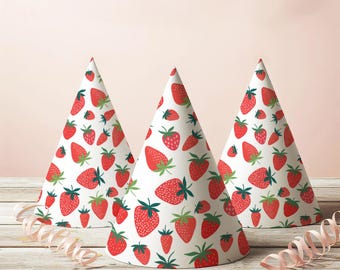 Strawberry Birthday Party Hat, Berry Sweet Decor, Easy DIY Template, Instant Download