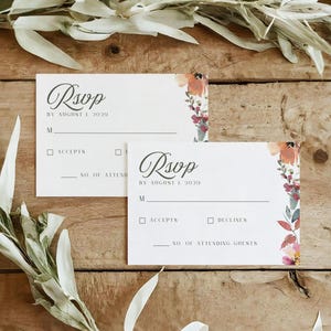 RSVP de mariage de fleurs sauvages bohèmes, modèle de carte de réponse modifiable, fleurs aquarelles, automne, automne, romantique, 5 x 3,5, Canva, téléchargement immédiat