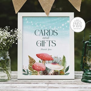 Cartes et cadeaux Woodland signe imprimable, thème champignon champignon, mariée ou baby shower, ou anniversaire, décoration forêt, 5 x 7 et 8 x 10, téléchargement