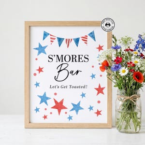 S'mores Bar-skylt, utskrivbar 4 juli-fest, America 250, ej redigerbar nedladdning, 2 storlekar