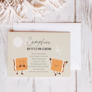 AFDRUKBARE boekaanvraagkaart, boek voor baby, babybibliotheek, camping, kampvuurverhalen, s'mores, 5 x 3,5, instant download, niet-bewerkbaar