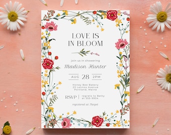 Wildflower Bridal Shower invitation, editable template, wedding shower, engagement, floral, love is in bloom, instant download, 5x7